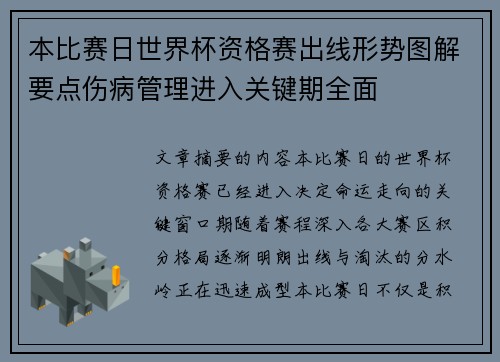 本比赛日世界杯资格赛出线形势图解要点伤病管理进入关键期全面